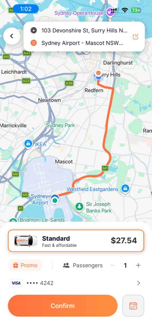 Rider booking screen with a pickup at 103 Devonshire St, Surry Hills and drop-off at Sydney Airport, a Standard fare of $27.54, a Confirm button, and a calendar icon in the bottom-right to schedule the ride.