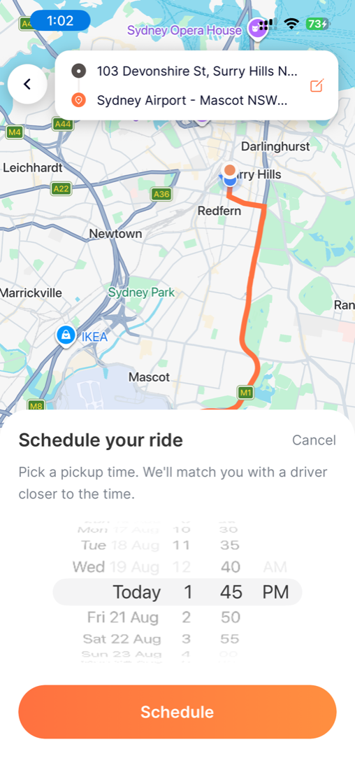 'Schedule your ride' time picker reading 'Pick a pickup time. We'll match you with a driver closer to the time.' A day, hour, minute and AM/PM wheel is set to Today 1:45 PM, with a Schedule button below.