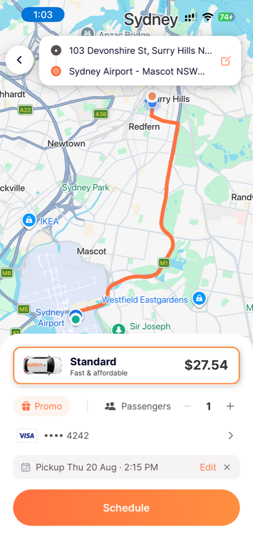 Booking screen with the Standard fare of $27.54, 1 passenger, a Visa card, and a 'Pickup Thu 20 Aug 2:15 PM' row with Edit, above a Schedule button.
