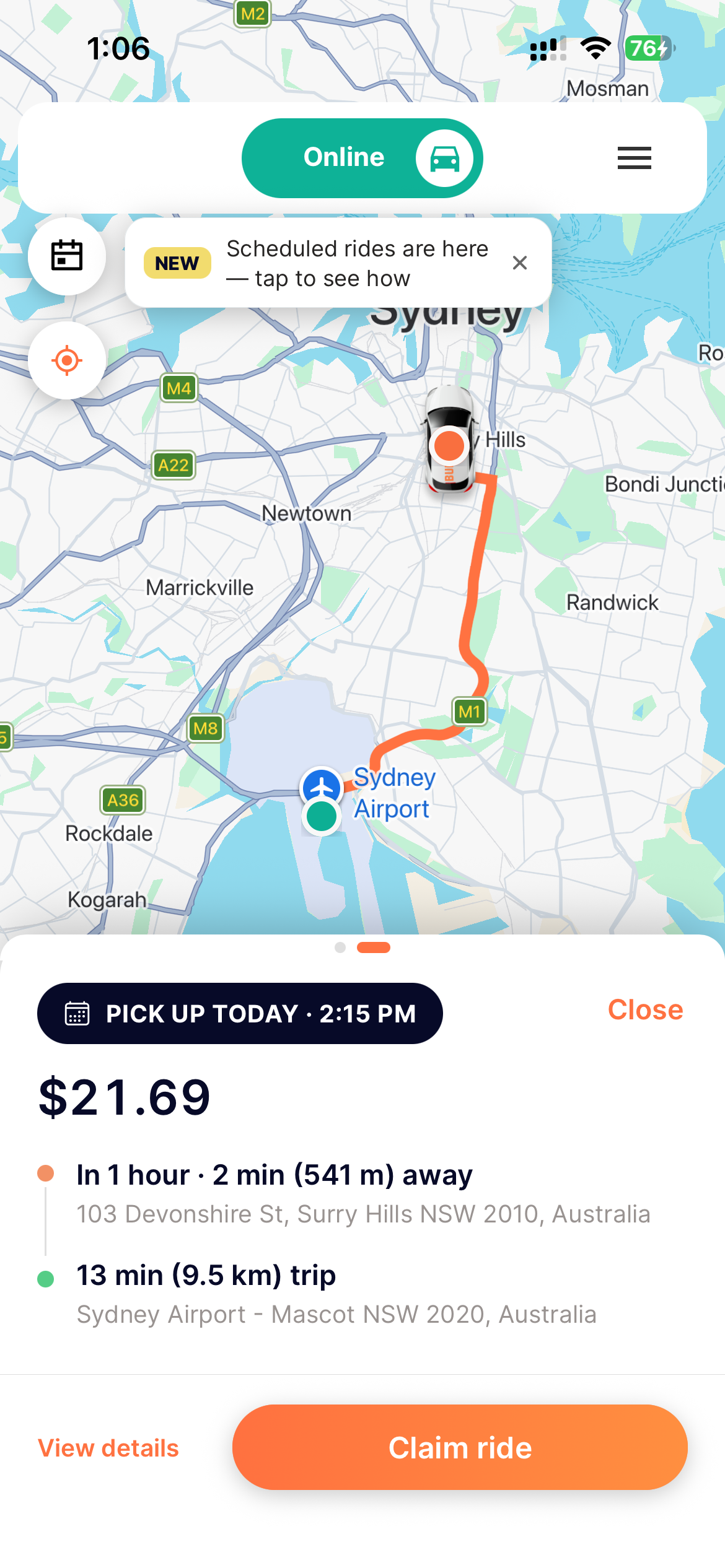 Driver map showing a scheduled ride card: pick up today at 2:15 PM, $21.69, pickup 541 m away in Surry Hills, 13 min trip to Sydney Airport, with a Claim ride button.