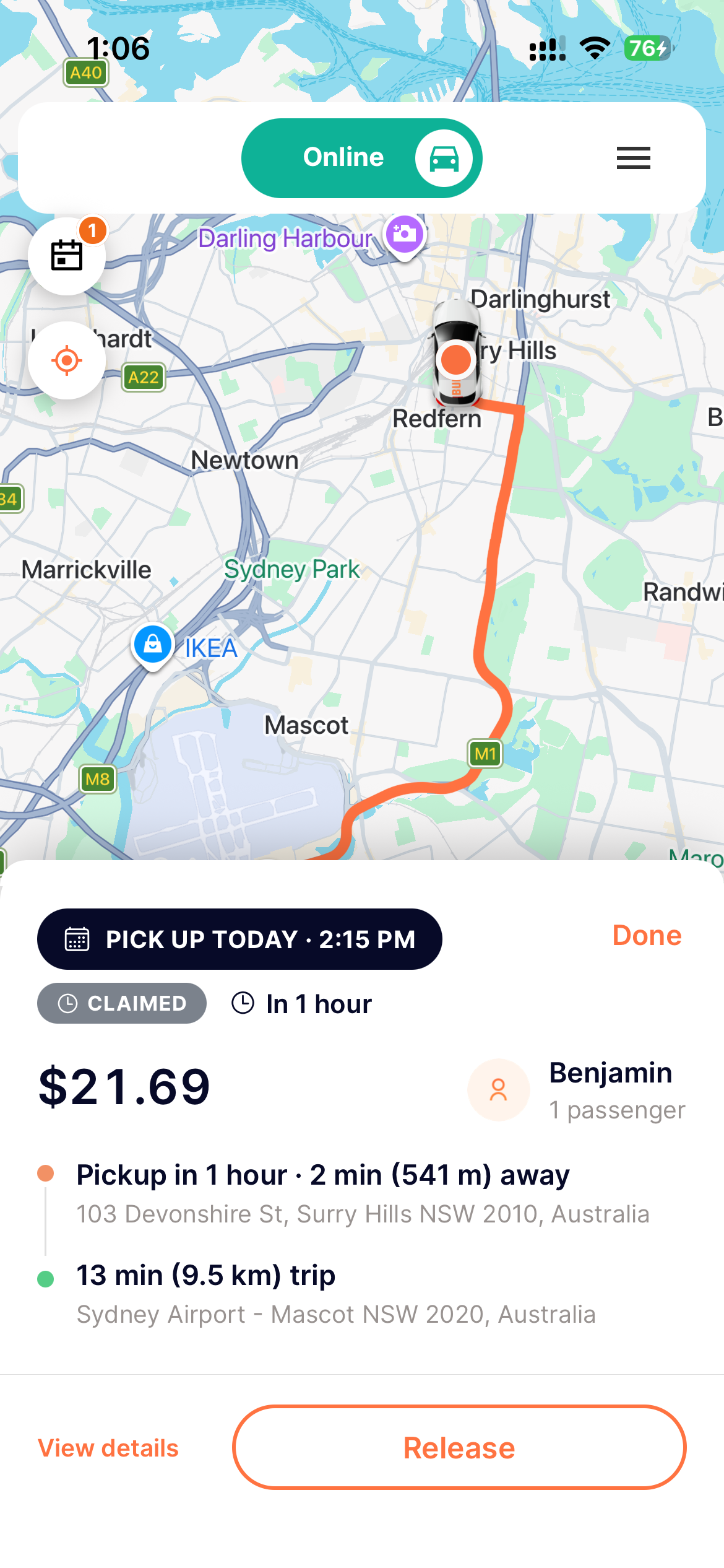 Claimed scheduled ride: a CLAIMED badge with an 'In 1 hour' countdown, passenger Benjamin, pickup 541 m away in Surry Hills, 13 min trip to Sydney Airport, and a Release button.
