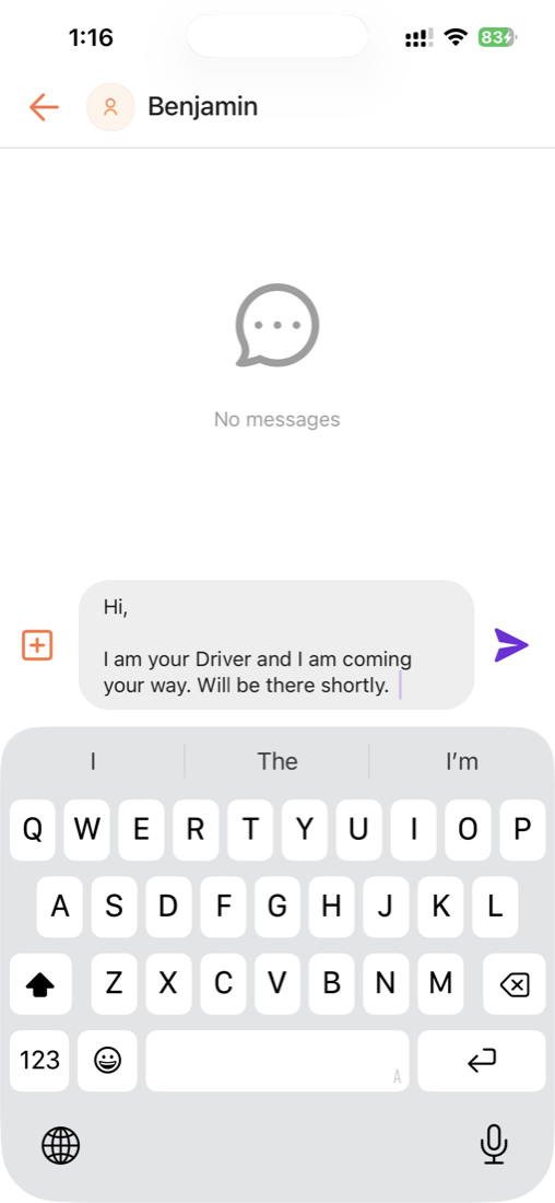 In-app chat with rider Benjamin showing a ready-to-send message: 'Hi, I am your Driver and I am coming your way. Will be there shortly.'