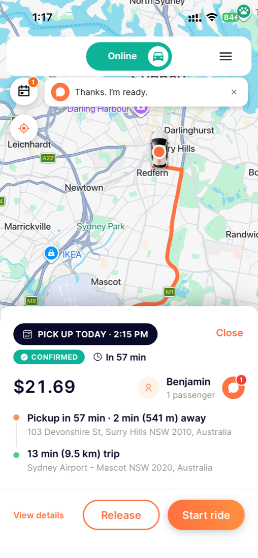 Confirmed scheduled ride ready to start: a CONFIRMED badge, 'In 57 min' countdown, a rider reply 'Thanks. I'm ready.' in a banner, an unread message badge, and a Start ride button.